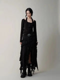 Deeptown Gothic Black Y2k Skirts Women Gyaru 2000s Lace Irregular Long White Skirt Streetwear Irregular Ruffle Skirts Aesthetic