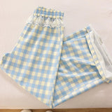 Sweet Lace Plaid Pants Women Patchwork Loose High Waist Wide Leg Trousers Japan Casual Lady Vintage Cute Spring New Pant