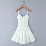 Pbong  Women Sexy White 3D Bow Ruched Front V neck Sling Dress Low Waist Wood ears Ruffles Swing A line Mini Dresses Party Robe