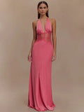 Summer Backless Sexy Maxi Dress Women Gown Patchwork Lace Halter Deep V Neck Sleeveless High Waist Elegant Long Dress