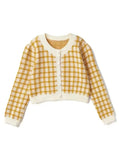 Women Checkerboard Crop Knit Cardigan Sweater Long Sleeve Button-up Box-fit Plaid Knit Top Teenage Girls Outfit