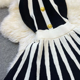 Pbong  Fashion Sexy Backless Halter Knitted Dress Women Elegant White and Black Patchwork Slim Waist Pleated Party Dress