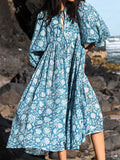 Oversized Casual Loose Dresses Women Summer Elegant Floral Printed Long Dresses Fashion Lantern Sleeve Boho Beach Holiday Dress