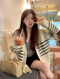 Women Cardigan Sweater Striped V-neck Button-up Sweater Jacket Comfy Cozy Slouchy Cardi Autumn Winter Casual Outfit