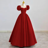 Pbong  Burgundy Square Collar A-LINE Evening Dresses Puffy Sleeves Long Prom Dresses Elegant Beading Decoration Party Dresses