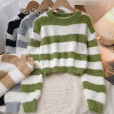 Fuzzy Knit Striped Sweater Pullovers for Women Soft Warm Long Sleeve Crew Neck Crop Knit Top Y2k Teen-girl Autumn Winter Outfit