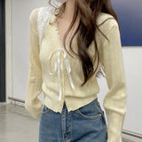 Women's Pointelle Knit Cardigan with Bow Long Sleeve Button Front Sweater Openwork Cardi Teen-girl Fairycore Balletcore Outfit