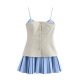 2025 New Vintage Stripe Patchwork Short Dress Fashion Pleated Slip Dress A-line Chic Single Breasted Summer Dress Vestidos