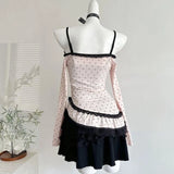 2000s French Elegant Slim Sexy 2 Piece Dress Sets Y2k Long Sleeve Sweet Dot Tops + One Piece Dress Korean Harajuku Autumn Suits