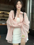 Sweet Casual Women Striped Shirts Loose Long Sleeve Vintage Cotton Linen Sun Proof Blouse Korean Preppy Style Letter Retro Tops