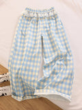 Sweet Lace Plaid Pants Women Patchwork Loose High Waist Wide Leg Trousers Japan Casual Lady Vintage Cute Spring New Pant