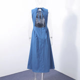 Trendy Women's Summer Denim Dresses Backless Sleevess Long O-Neck Dress Female Vintage Washed Blue Casual Daily Beach Streetwear