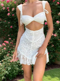 Pbong  Women Lace White Mini Dress Spaghetti Strap Corset Cut Out Backless Ruffle Dress Summer Club Sexy Vintage Kawaii Dresses