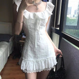 2000s Harajuku Vintage Lolita Dress Y2k Japan Style Kawaii Sweet Solid Flying Sleeve Short Party Dress One Piece Dress Korean