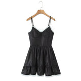 2025 Summer Mesh Patchwork Chic Black New Dress Fashion V-neck Sleevelss Party Slip Dress A-line Pleat Y2K Street Short Dress