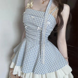Pbong  Women Sweet Blue Plaid Dress Sexy Backless Spaghetti Strap Slip Dress Summer Preppy Style Pleated Layered Mini Party Vestidos