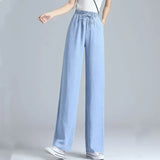 Pbong  Korean Soft Jeans Women Summer Ultra-thin High-waisted Straight Drape Ice Silk Denim Pants Youth Simple Casual Wide-leg Trousers