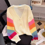Rainbow Striped Knitted Cardigan for Women Teen-girl Cozy Soft Mohair Button Front Sweater Jacket Winter Autumn Y2K Outfit