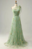 Pbong  High Quality One Shoulder Green Tulle Pleat Appliques Flowers Sleeveless Elegant Dress Women for Wedding Party