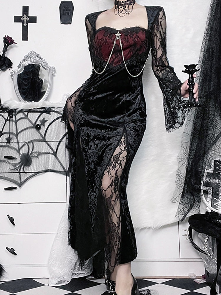 Goth Dark Elegant Mall Gothic Women Evening Dresses Grunge Aesthetic E