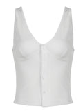 Sweetown Button Up V Neck Sleeveless Ribbed Vest White Solid Basic Casual Tank Top Women Elegant Fashion Crop Cardigan Shirts