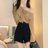 Pbong  Knitting Pullovers Women's Clothing Sexy Slash Neck Tunic Jumper Off Shoulder Diamond Sweater Y2k Tops Korean Chic