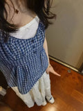 Casual Women Fashion Blue Front Buttons Plaid Printed Camis Summer Vintage Sleeveless Female Chic Tops