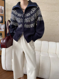 Fair Isle Zip Up Sweater Cardigan for Women Collared Zipper Front Knitted Jacket Autumn Winter Teen-girl Vintage Outfit