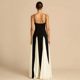 Contrast Color Suspender Maxi Evening Dress Women's With Lining Sexy Backless Splice Sleeveless Long Party Dress Female