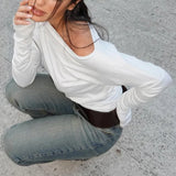 y2k Tops for Women Aesthetic Clothing Solid Color Oblique Neck Long Sleeve Crop T Shirts 2000s Clothes Streetwear