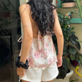 Coquette Tank Tops y2k Women Floral Print V Neck Tie-Up Sleeveless Backless Halter Neck T Shirts Vest 2000s Clothing