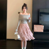 Women Pink Ruffled Skirts Elegant Korean Style High Waist Elastic Waist Asymmetric Lace Layered Short Skirts Mesh Skirt