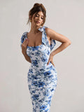 Floral Print Backless Sexy Maxi Dress For Women Gown Spaghetti Strap Square Collar Ruched Bodycon Club Party Dress