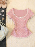 2000s Harajuku Vintage Sweet Top Y2k Japanese Style Kawaii Slim T Shirts Women Korean Fashion Polka Dot Short Sleeve Tees Summer