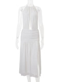 Hollow Out Backless Sexy Maxi Dress Women Gown Summer Off-shoulder Sleeveless Thigh High Split Pleated Long Dress