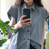 Pbong  Blusas Mujer De Moda Fashion Summer Women Blouses Y2k Tops Flying Sleeve Oversized Shirts Casual Plaid Korean Retro Blouse