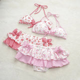Pbong  Japanese Sweet Kawaii Summer Beach 2 Piece Sets Y2k Aesthetic Fashion Fruit Print Ruffle Bikinis Set Bow Appliques Punk Clothes
