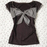 Pbong  Y2k Japanese Lolita Kawaii Slim Bow Short Sleeve Tees Subculture Sweet Vintage T Shirt 2000s Harajuku Plaid Patchwork Tops Chic