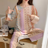 Pbong  Women Two-piece Set Pajamas Set Girls Chinese Style Printing Sleepwear Round Neck Long Sleeved Top Loungewear Casual Homewear