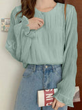 Pbong  Korean All Match Lady Loose Blouses for Women O-neck Flare Sleeve Solid Color Shirts Fashion Pleated Tops