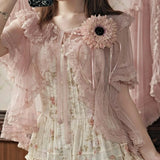 Pbong  Japanese Elegant Vintage Lolita Blouses Women Gothic Ruffles Bunny Ear Short Shirt Coat Kawaii Sweet Chiffon Thin Jsk Inside Top