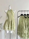 Pbong  Korean Sweet Harajuku Fashion Dress Women Slim Fit Halter Neck Sleeveless Mini Dress Summer Vintage Y2K Beach Elegant Outfit