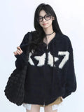 Faux Mink Cashmere Y2K Cardigan Sweater Women Streetwear American Vintage Knitted Hooded Jackets Hip Hop Star Letter Bf Tops New