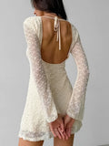 Pbong  Y2k Sexy O Neck Long Sleeve Backless Jacquard Solid Slim Lace-up Short Fashion Dresses