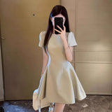 Pbong  Summer Hepburn Style Green Short Sleeve Dress Women's Fashion Slimming Short Skirt High Waist A-Line Dress Commute Style