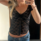 Women Sexy V Neck T-shirt Floral Lace Sheer Slim Fit Blouse Tees Coquette Fairy Crop Tops Y2k 90s Vintage Going Out Streetwear