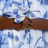 Blue Flower Print Fashion Long Dress Ruffle V-neck Lantern Sleeve Chic Spring Dress With Belt Vacation Beach Vestidos
