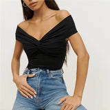 Pbong  Korean fashion black crop tops women Summer short sleeve tees twist t shirt for women pink top front tie criss cross