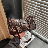 Women's Leopard Print Faux Shoulder Bag Metal Rivet Decor Adjustable Strap Casual Daily Crossbody Underarm Handbag