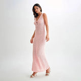 Sexy Hollow Out Crochet Pink Summer Tank Dress Sleeveless Transparent Sexy Fashion Long Dress Beach Vacation Female Clothing